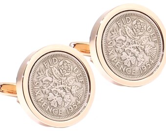 1954 Sixpence Coins Incastonati a mano in una placca d'oro rosa Impostazione uomo 69 anni Gemelli regalo di CUFFLINKS DIRECT