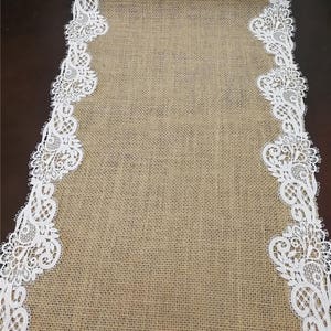 Burlap, White lace rustic romantic wedding ,Table runner,Wedding Linens Rustic-44