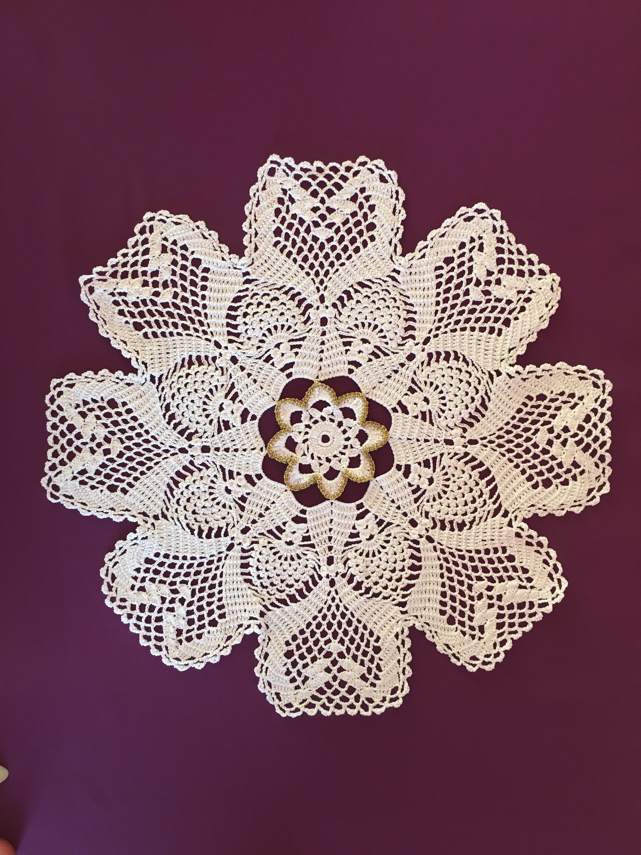 Unique white crochet lace flower-shaped doily