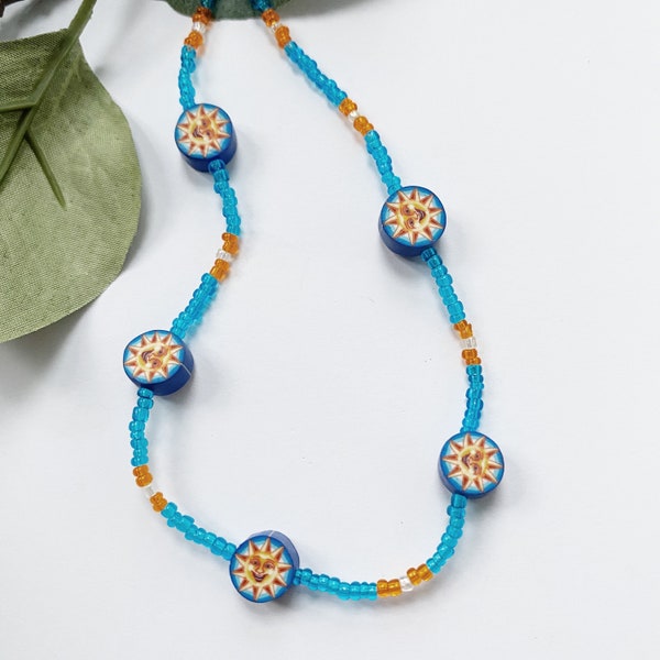 Vintage 90s beaded necklace with fimo clay sky blue sun beads