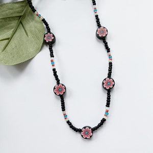 Vintage 90s beaded necklace with fimo clay pink flower beads image 1