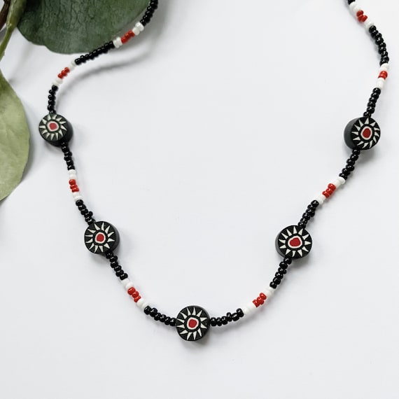 Vintage 90s beaded necklace with fimo clay black … - image 1