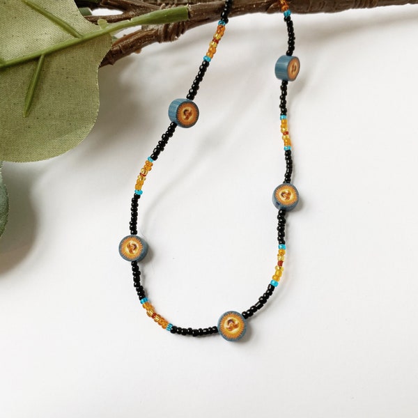 Vintage 90s beaded necklace with fimo clay blue sun black beads