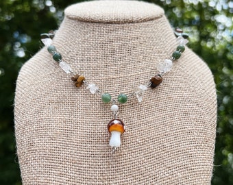 Over the garden wall || Crystal beaded rosary necklace with moss agate, river stone, clear quartz, tigers eye and glass beads / crystals