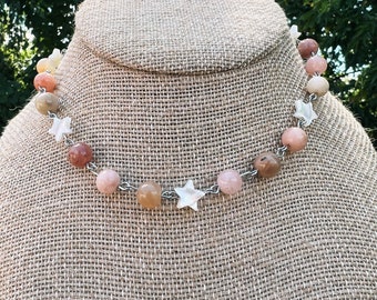 Starburst || Crystal beaded chain link choker necklace with Sunstone and shells // cute necklace