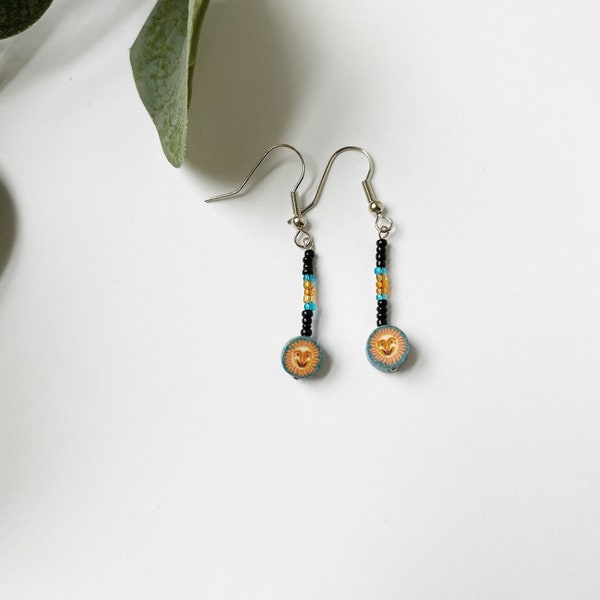 90s Deadstock clay charm earrings with blue yellow sun & black beading