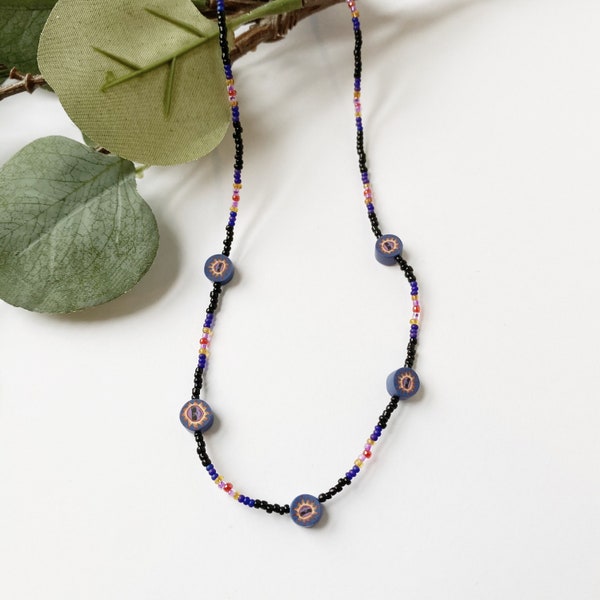 Vintage 90s beaded necklace with fimo clay with a blue sun with sunglasses