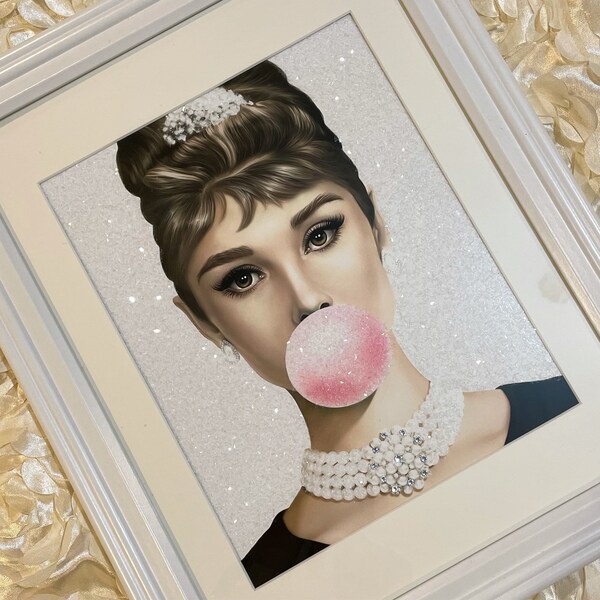 Audrey Hepburn Diamond Dust Wall Art Swarovski Impression 3D Encadré