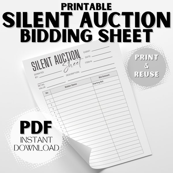 Silent Auction Bid Sheets Perfect for Fundraising Blank Printable PDF Instant Digital Download