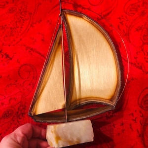 Mid-Century Demott Brass & Copper Nautical Sailboat sculpture Sail Metal Statuette on Marble Stand, Demott Signed Metal Boat, Nautical decor