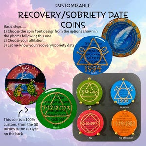 May include: Customizable recovery and sobriety date coins featuring various circular designs, including a blue coin with a white feather, a green coin with turtles, and several coins displaying the serenity prayer inside a gold triangle.