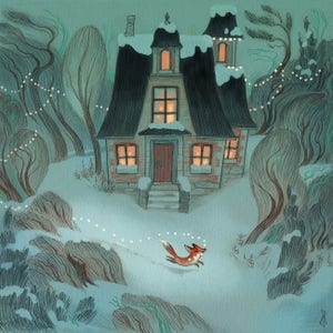 Peut inclure: Une illustration fantaisiste d'une maison recouverte de neige avec des fenêtres lumineuses, sur fond de forêt enneigée. Un renard roux court dans la neige, laissant derrière lui une traînée de points scintillants.