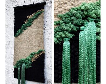 Black fiber art woven wall decor, Textile handwoven wall art, Green woven wall home decor, Minimalist woven wall hanging tapestry decor