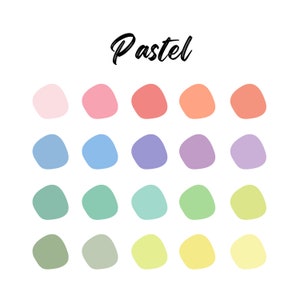 Op de afbeelding: Een pastelkleurenpalet met 20 verschillende tinten, gerangschikt in een raster. De kleuren omvatten roze, blauw, groen en geel.