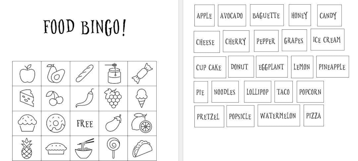 Printable food bingo coloring cards food bingo bingo coloring cards