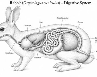 Hoja de trabajo imprimible sobre la anatomía digestiva del conejo con hoja de respuestas.