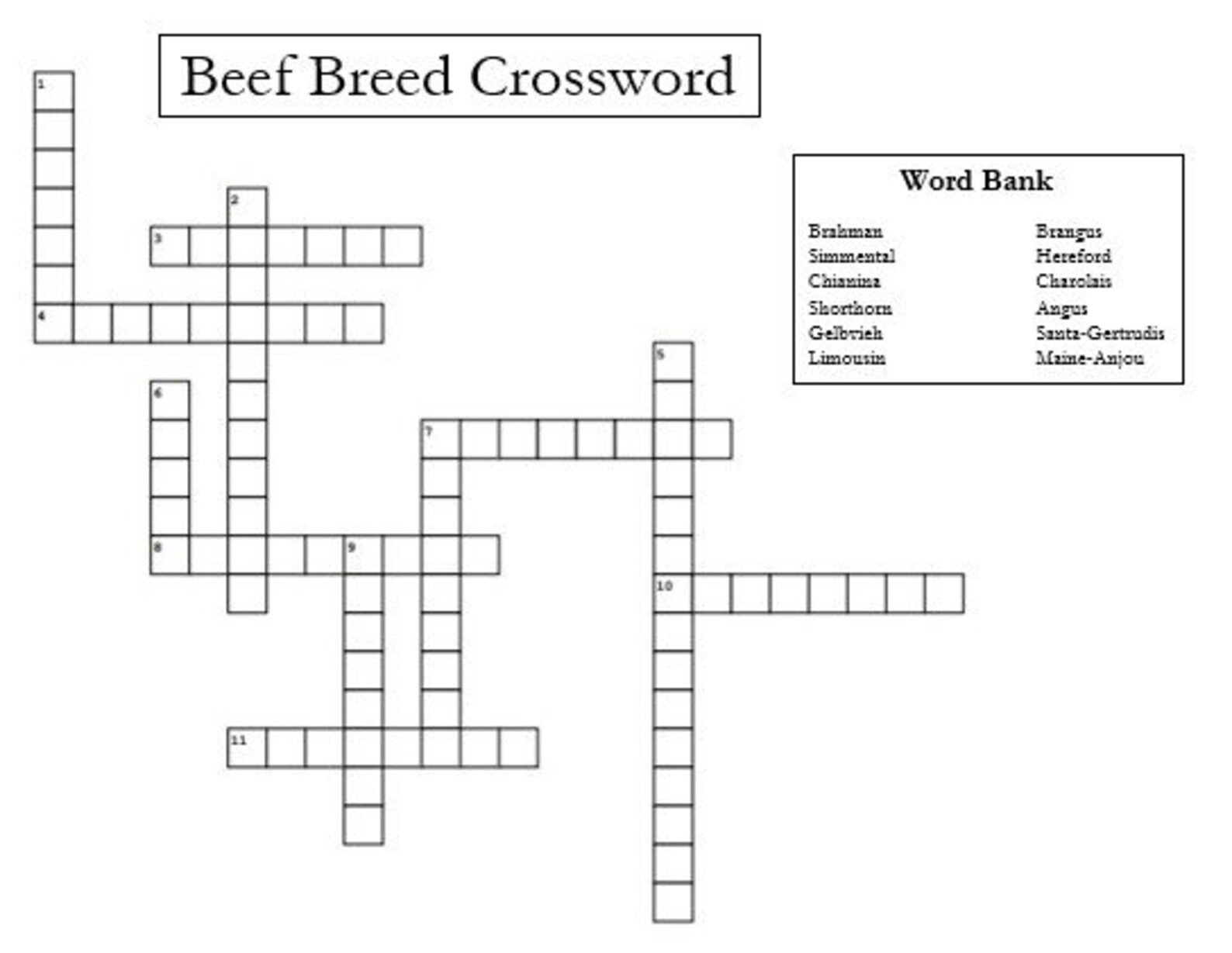 Popular Beef Breeds Crossword Puzzle, Skillathons, Quiz Bowls