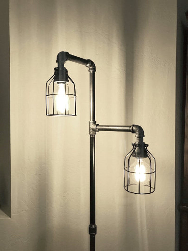 Industrial Metal Iron Pipe Floor Lamp 2 Edison Bulb Black Wire Shades Included Dimmer Control Base Options