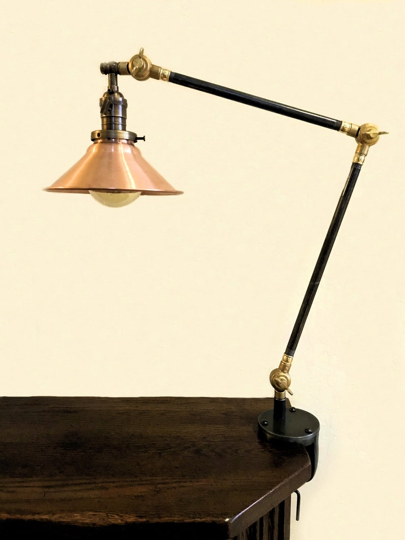 Articulating Desk Lamp With 8 Solid Copper Hand Spun Shade And Table Top Clamp For Mounting
