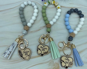 Stethoscope Name Wristlet, Bangle Key Ring, Bracelet Keychain, Nurse, Silicone Bangle Keyring, Gift for Her, Girls, Women, PA, CNA, RN,beads