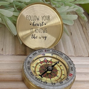 Follow your heart it knows the way compass, retirement, graduation, sobriety, new job, camping, promotion, beginnings, birthday