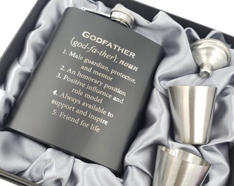 Godfather Flask Gift Set, shot glasses, godfather gift, godfather birthday, gift from godchild, patenonkel, parrain, christening