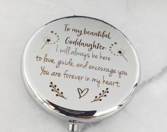 To my beautiful goddaughter compact with mirror, Baptism gift, niece, christening, aunt, sister, friend, ceremony, engraved, Christmas gift