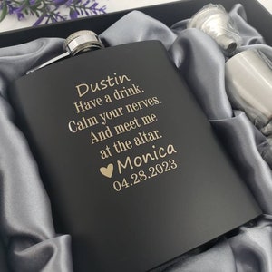 Have a drink calm your nerves MEET ME at the altar Flask Gift Set, custom names, groom gift from bride, husband gift, wedding day,groom gift