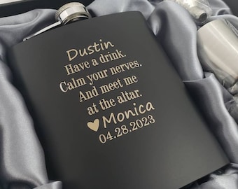 Have a drink calm your nerves MEET ME at the altar Flask Gift Set, custom names, groom gift from bride, husband gift, wedding day,groom gift
