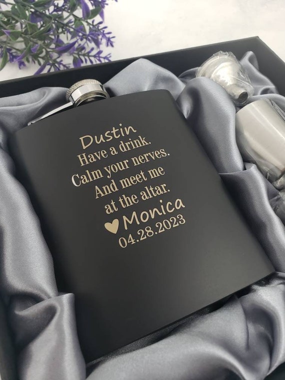 Have a drink calm your nerves MEET ME at the altar Flask Gift Set custom names groom gift from bride husband gift wedding day groom gift
