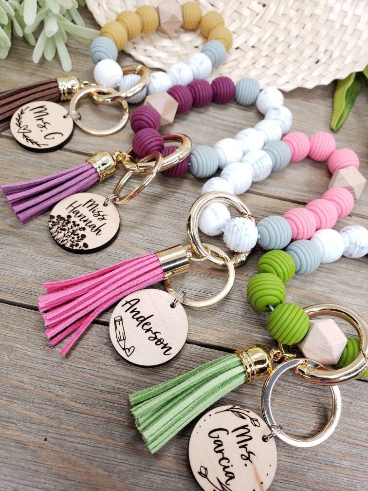 Silicone Bangle Key Ring,Personalized Wristlet Keychain,Bracelets With Leather Tassel For Women,Stretchy Silicone Bead Keyfob,Engraved Gift
