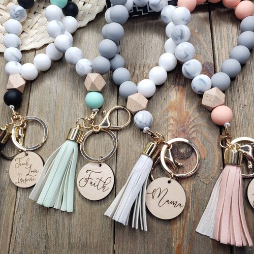 Mama Wristlet, Bangle Key Ring, Bracelet Keychain, Name, Silicone Bangle Keyring, hustle, faith, Women, with tassel, stretchy, beaded