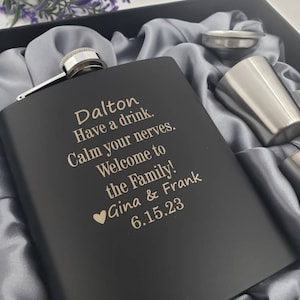 Have a drink calm your nerves WELCOME to the family Flask Gift Set, custom names, groom gift from in laws, son in law gift, wedding day