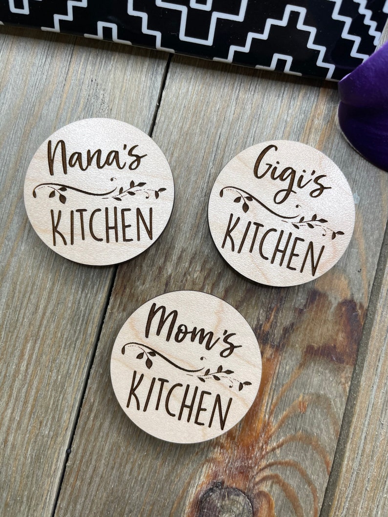 a Handmade customized name engraved detail maple plywood strong kitchen magnet is the best gift for  your mom