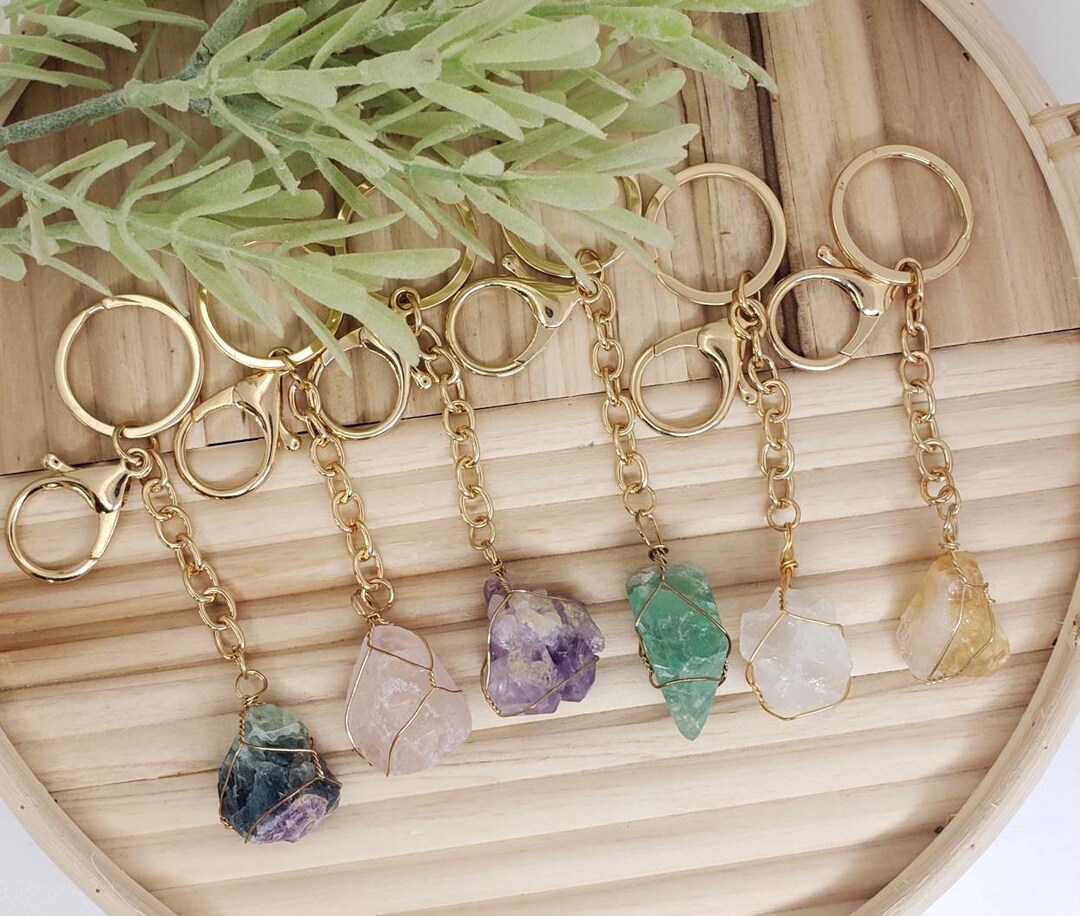 Raw Crystal Keychain, Gemstone Keychain, Rose Quartz, Fluorite