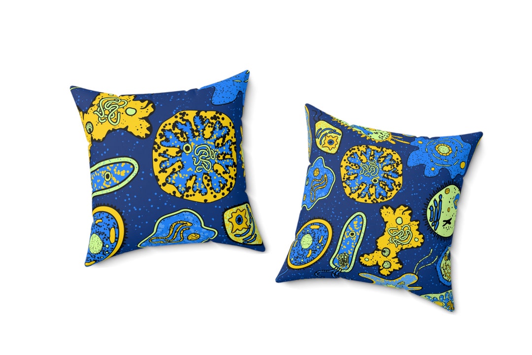 Microbes Amoebas Bacteria Virus Cushion Whimsical Blue Yellow Cartoon Germs Faux Suede Square