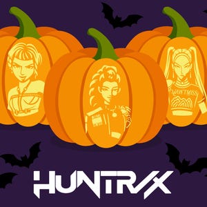 May include: Three orange pumpkins with green stems against a dark purple background featuring black bat silhouettes. Each pumpkin displays a carved yellow portrait of a character. The white text HUNTR/X is positioned at the bottom center.