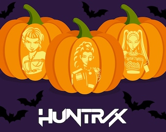 May include: Three orange pumpkins with green stems against a dark purple background featuring black bat silhouettes. Each pumpkin displays a carved yellow portrait of a character. The white text HUNTR/X is positioned at the bottom center.