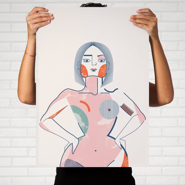 Big Art Print: Girlboss, feminist poster, office decor, motivational, strong woman gift, picasso style illustration for her, nude drawing