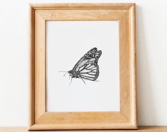 Monarch Butterfly Print, Minimalist Black and White Pen Drawing
