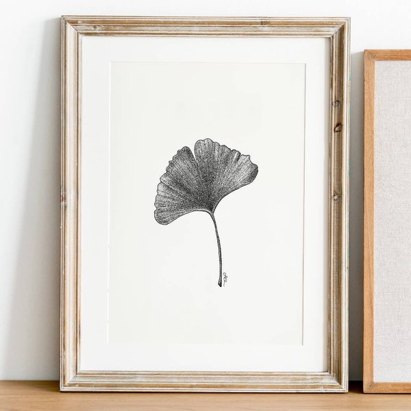 GINKGO LEAF print (botanical, floral illustration, home decor, pen drawing, minimalist print, gift, 5x7, 8x10)