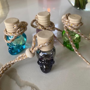 May include: Four small glass skull-shaped bottles with wooden lids and gold string. The bottles are filled with colored liquid and are hanging from the string.