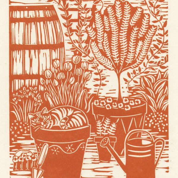 Catnap Linocut Print // Original Lino Print, Sleeping Cat, Garden, Flower Pot, 8x10