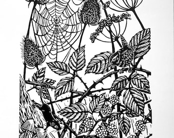 Autumn Hedgerow Linocut Print, Brambles, Wren, Blackberries Art 10X14