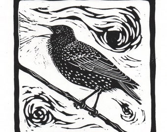 May include: Black and white linocut print of a starling perched on a branch. The background features a swirling pattern.
