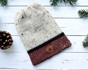 Beige and Burgundy Tweed Knit Ponytail Messy Bun Beanie, Ponytail Beanie, Winter Beanie, Ponytail Hat, Winter Hat, Knit Winter Striped Hat