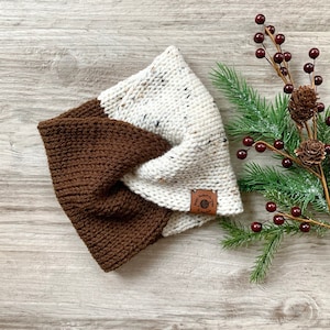 Brown and Cream Tweed Twisted Ear Warmer, Headband, Knit Ear Muffs, Head Warmer, Adult Twisted Headband, Turban Style Ear Warmer