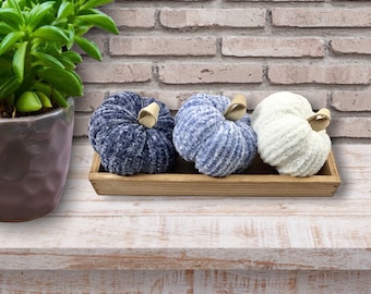 Tiered Tray Decor, Blue and White Pumpkin Decor, Handmade Knit Velvet Pumpkins, Fall Decor, Nursery, Country Farmhouse, Rustic Decor