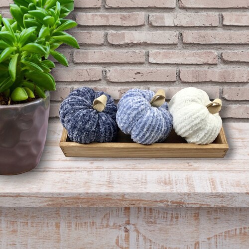Tiered Tray Decor, Blue and White Pumpkin Decor, Handmade Knit Velvet Pumpkins, Fall Decor, Nursery, Country Farmhouse, Rustic Decor
