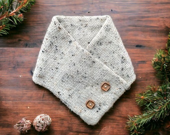 Cream Tweed Knit Women’s Neck Warmer with Wooden Buttons, Knit Cowl, Tweed Cowl, Infinity Scarf